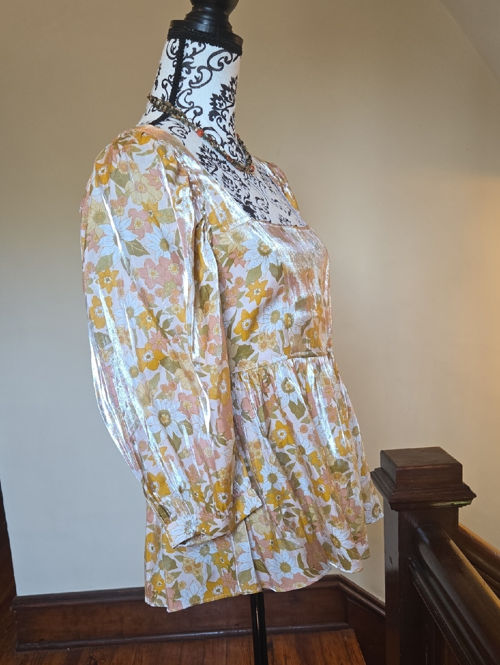 Altar'd State Floral Peasant Blouse in Mustard, Peach & Cream M - Picture 7 of 12